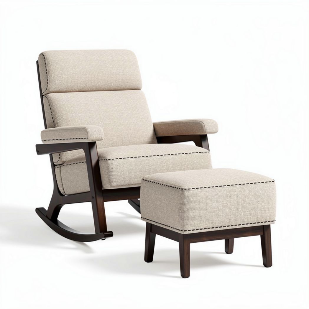 Schaukelstuhl mit Hocker aus Stoff in beige und Holzgestell 80 x 75 x 90cm