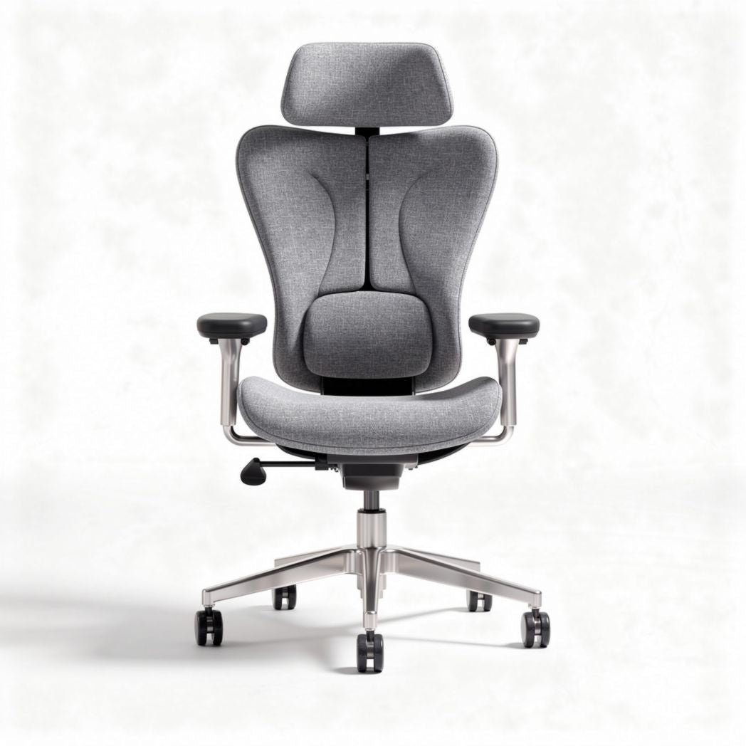 Bürostuhl aus grau melierten Stoff mit ergonomischem Design und verstellbaren Armlehnen