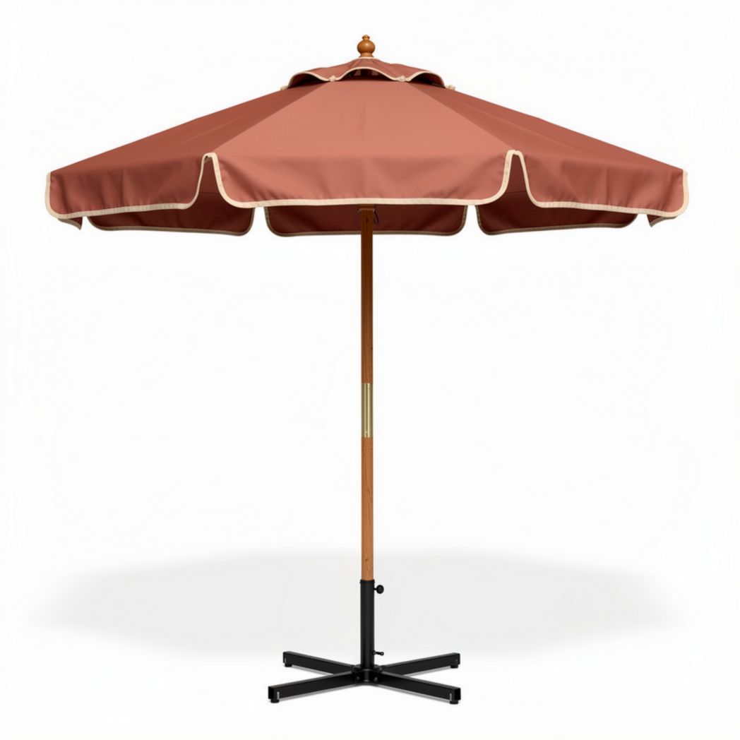 Sonnenschirm aus Holz mit braunem Stoffbezug und stabilem Standfuß 250 x 250 x 250cm